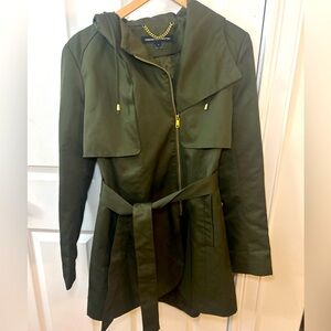 FRENCH CONNECTION Olive Green Belted Hooded Trench Coat. Tulip Hem. Size L